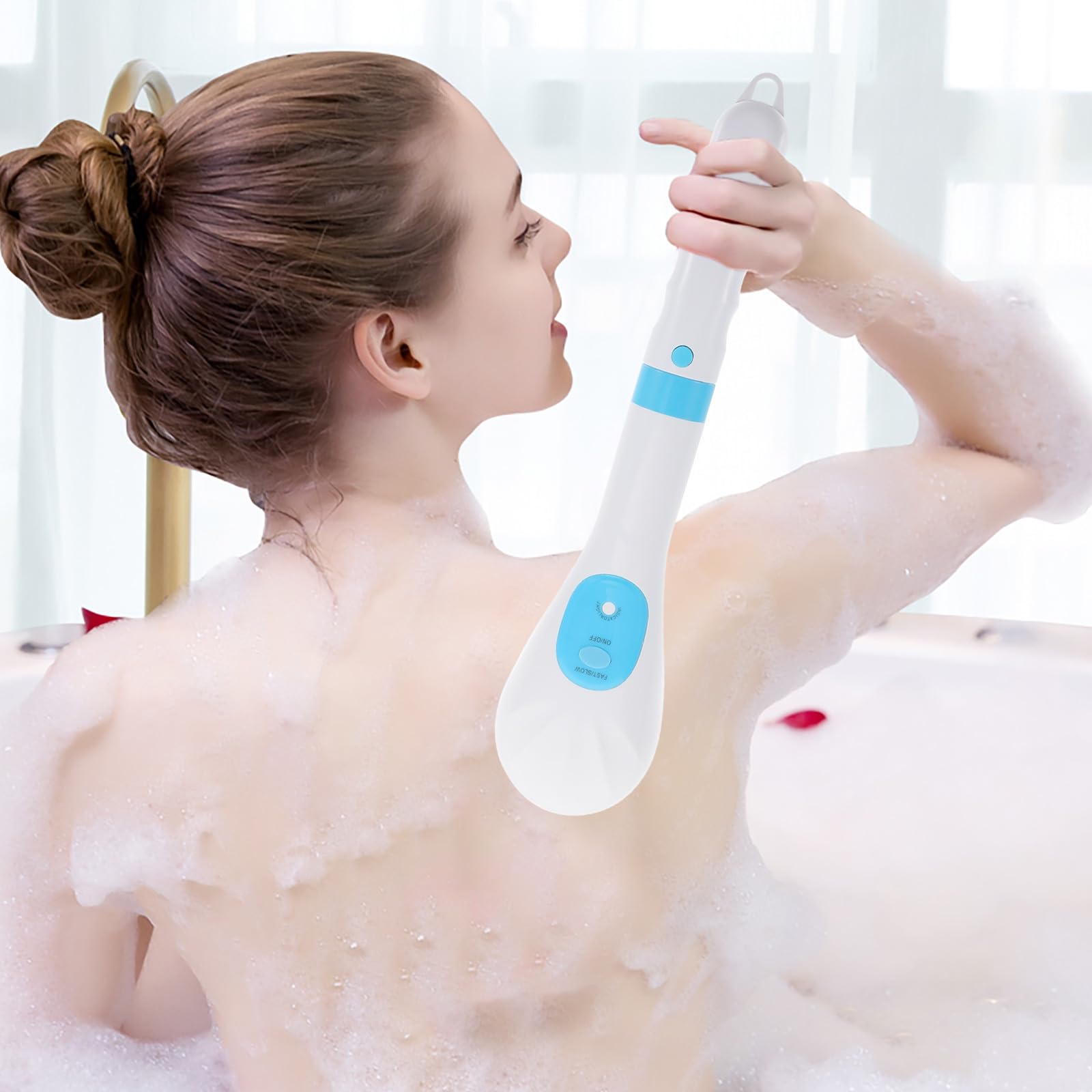 Elektrische Körperreinigungsbürste mit Langem Griff, Blau | Rotierender Bürstenkopf, Tiefenreinigung und Massage, Abs Material, für Baden mit Zubehör