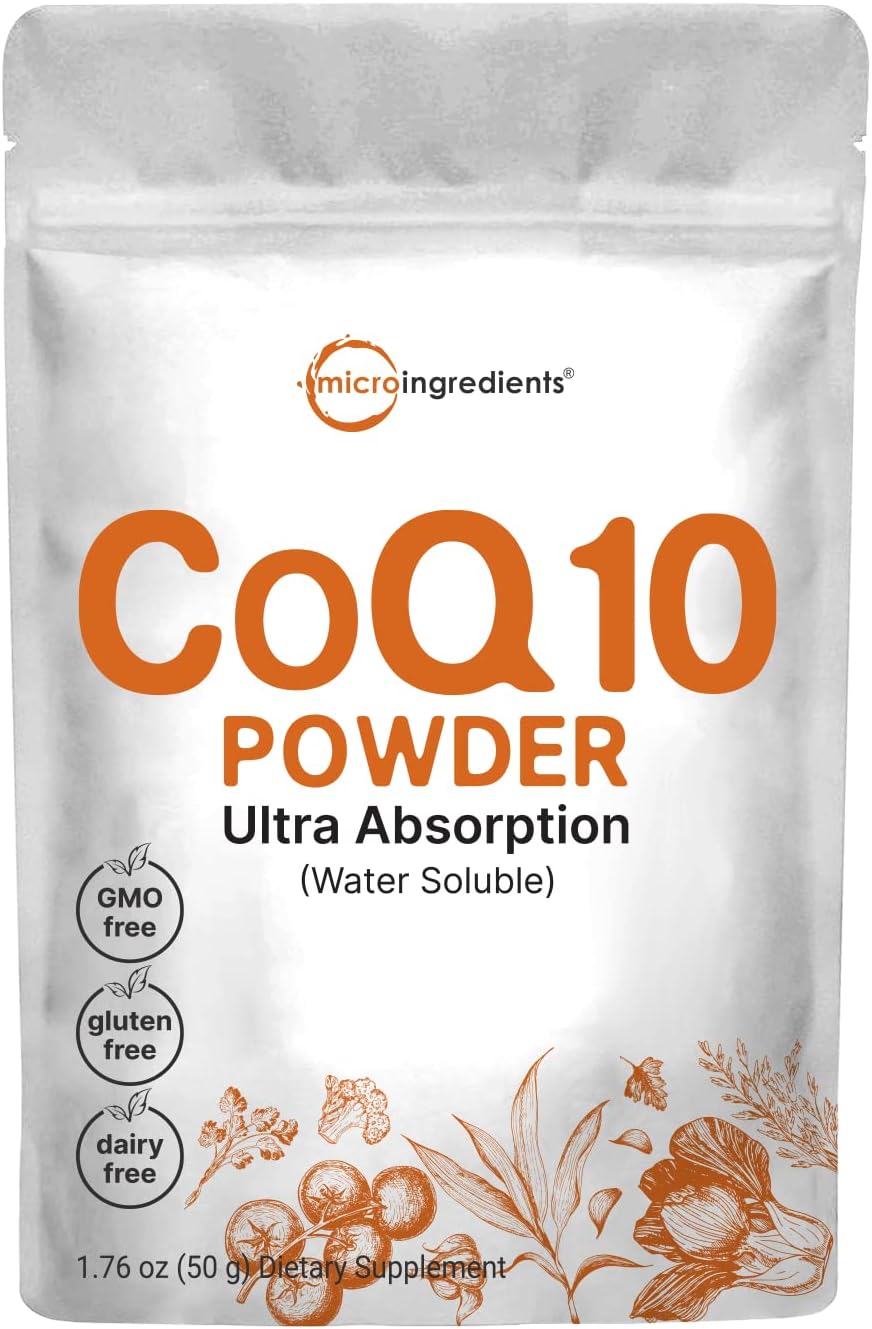 Micro Ingredients Water Soluble COQ10 Supplement (COQ10 Powder 200mg Per Serving), 50 Grams, Strongly Support Heart Health and Energy Production, No GMOs and Vegan Friendly
