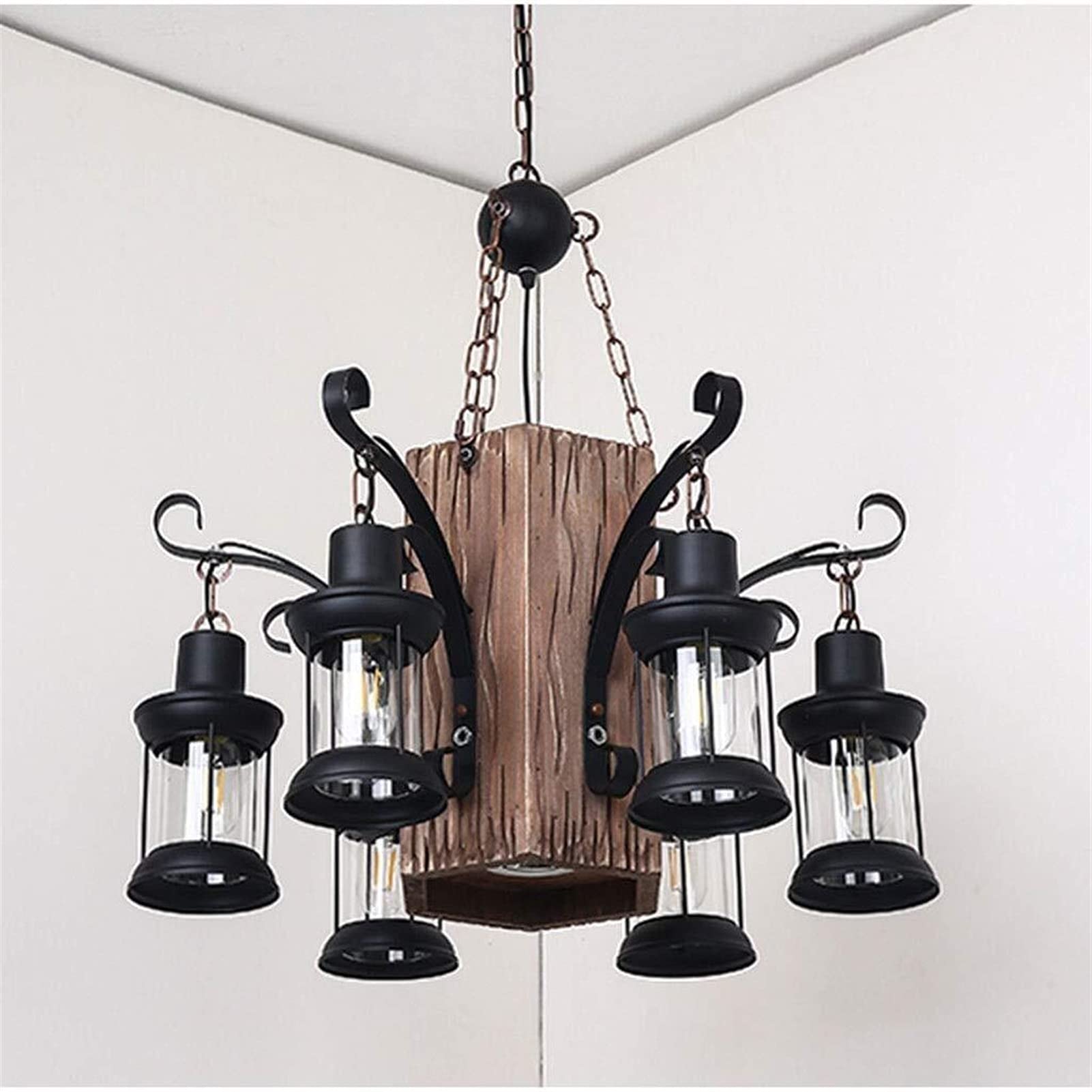 Lampadario in legno nero, ferro battuto, molteplici teste, illuminazione decorativa, illuminazione per terrazze, illuminazione a sospensione per caffè, balconi e bar.