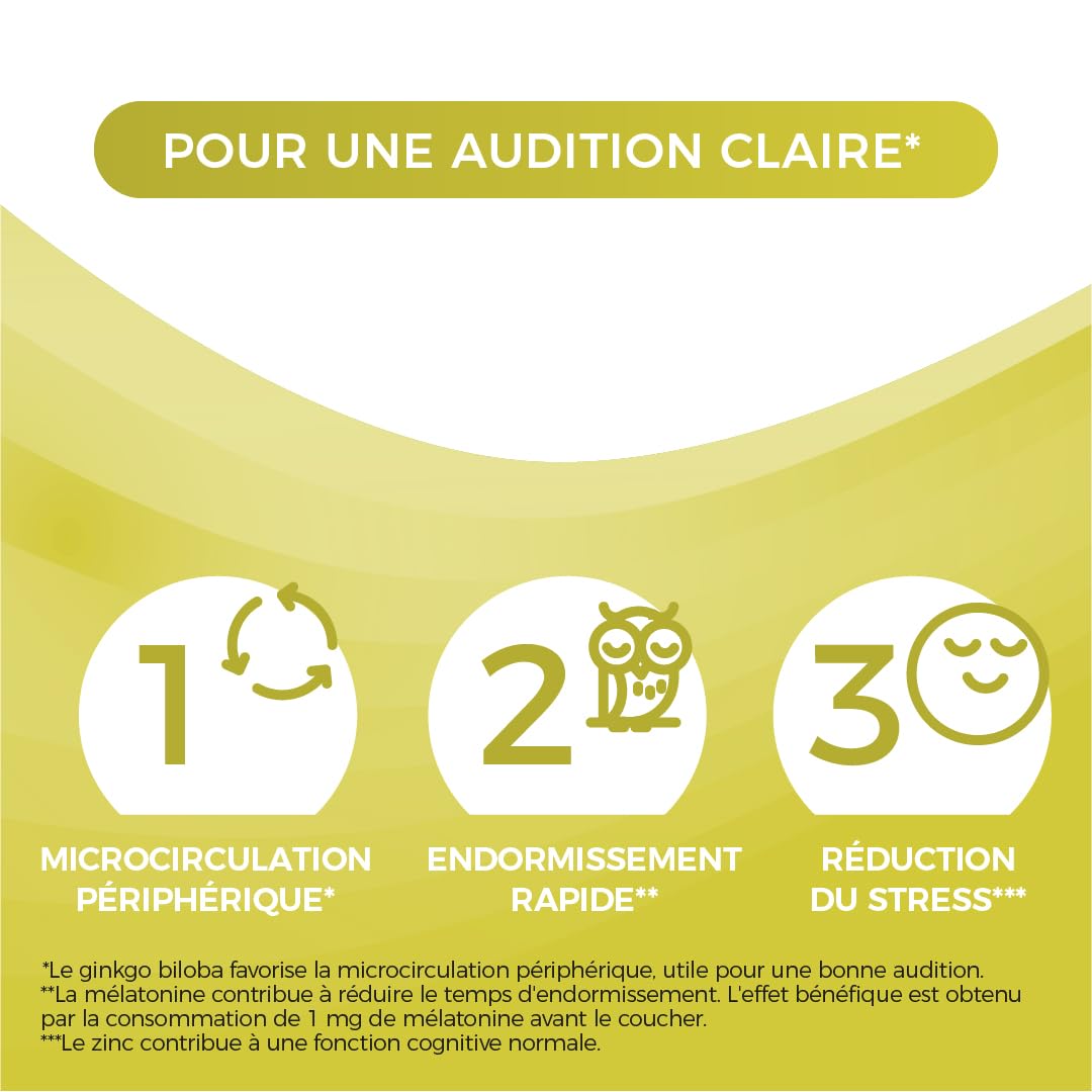 AUDISPRAY ZEN – Audition clair - Acouphènes - Bourdonnements et de sifflements d'oreille - Endormissement rapide, réduction du stress - Complément alimentaire - Ginkgo biloba - 60 comprimés
