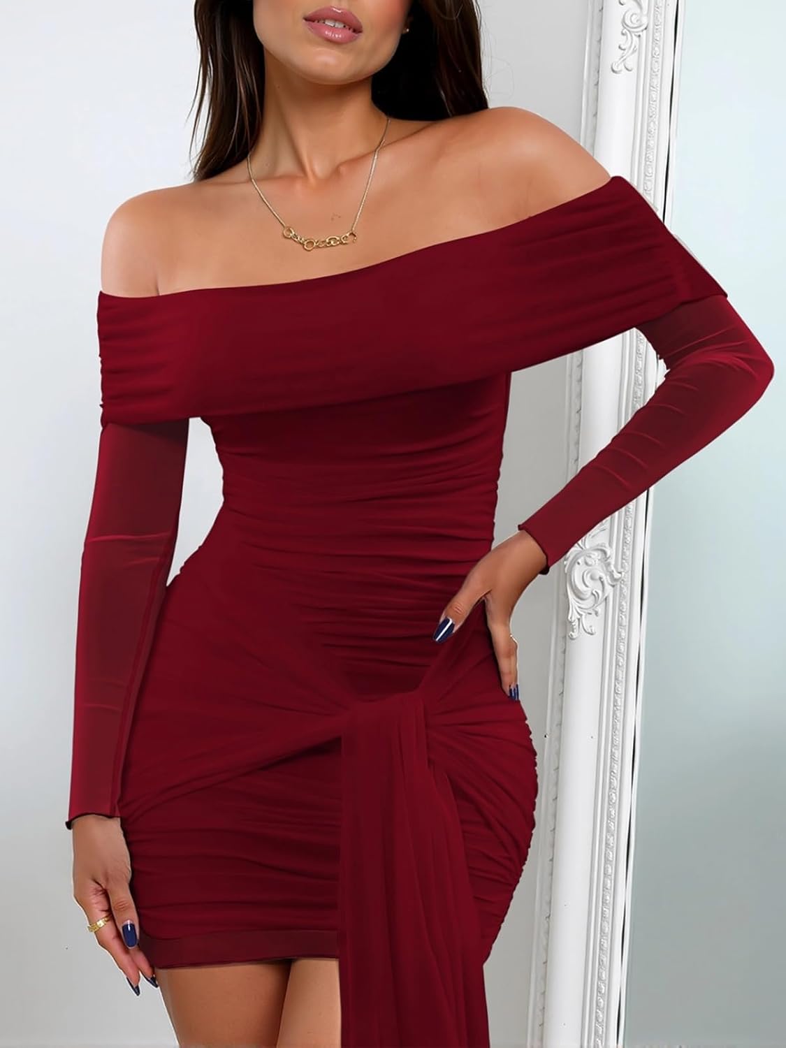 Ophestin Off The Shoulder Mesh Dress Long Sleeve Ruched Bodycon Dress for Women Tie Waist Dresses - Image 4