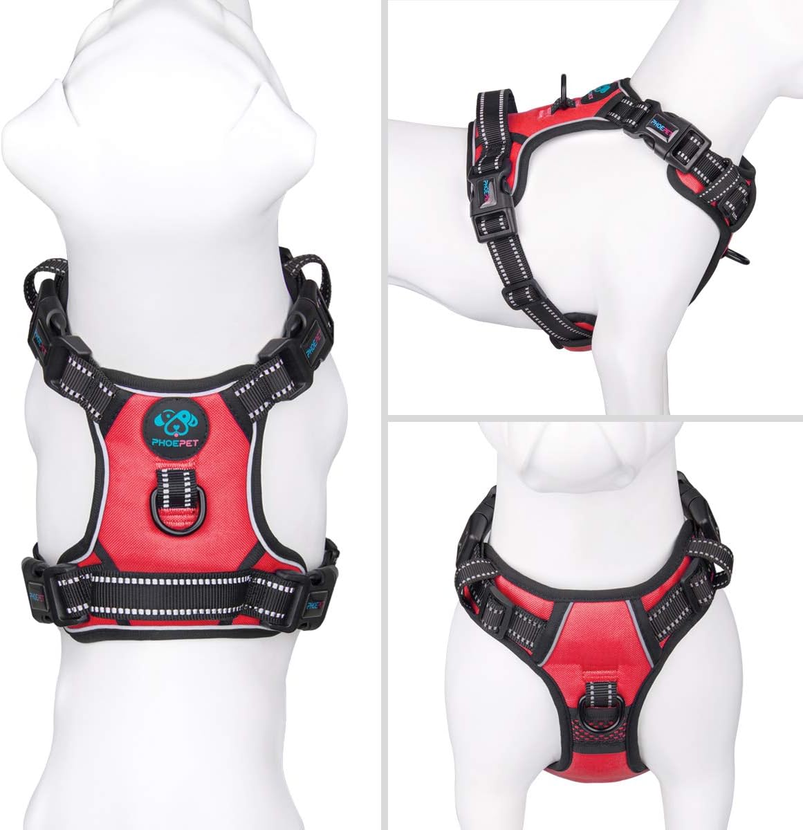 PHOEPET Updated 3M Reflective Dog Harness Large Breed Adjustable No Choke No Pull Vest with Handle 2 Metal Hooks 4 Buckles [Easy to Put on & Take Off](L,Red)