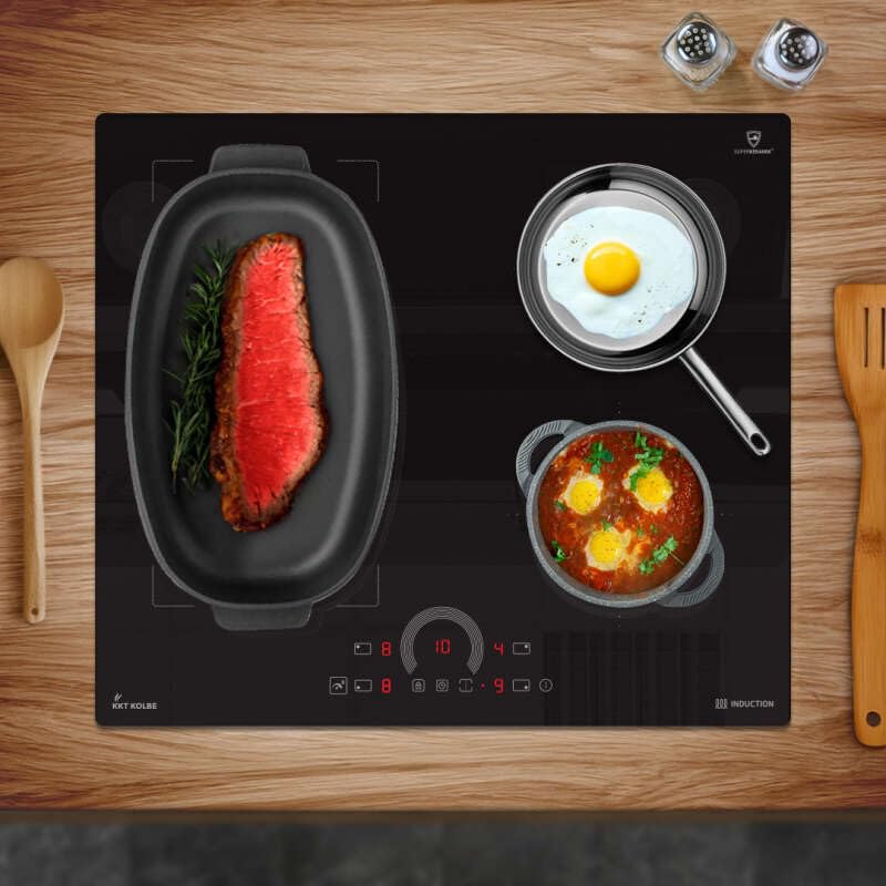 KKT KOLBE IH85901FZ induction hob demonstrating the flexible cooking zone with multiple pots and a large roasting pan.