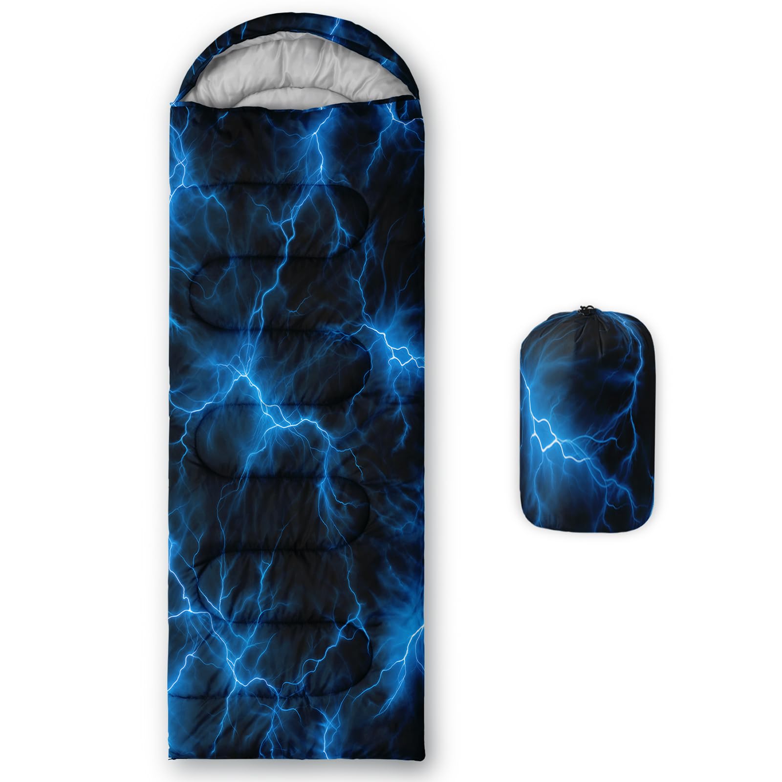 QOOMO Blue Lighting Printed Camping Sleeping Bags,3 Season Warm & Cool Weather,Lightweight,Waterproof Sleeping Bags for Adults & Kids,Traveling,and Outdoors,Camping Gear Equipment,31x90inch