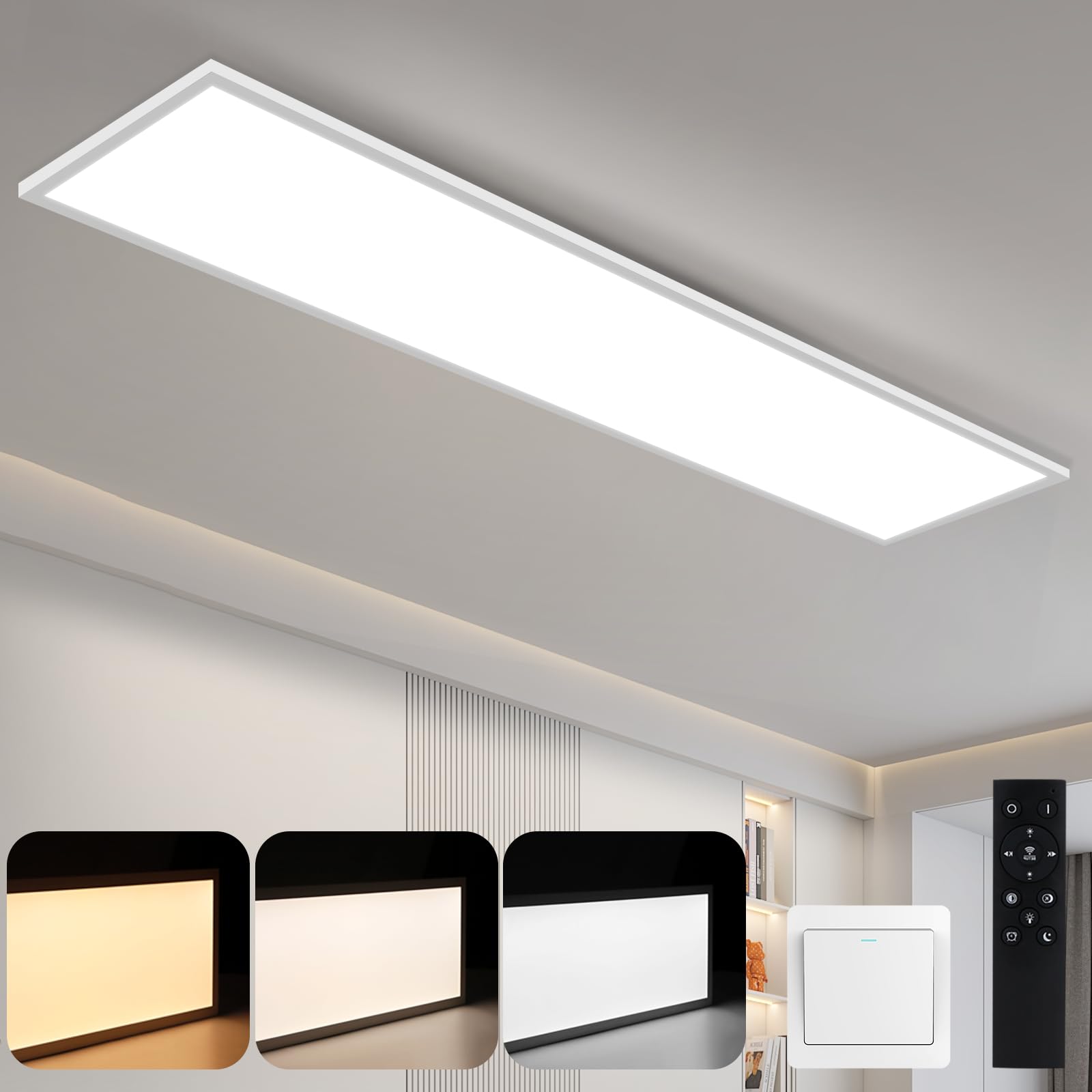 CBJKTX Plafón LED Panel regulable Lámpara de techo 120x30 cm con mando a | distancia Panel de techo de 48W Lámpara de salón 3840LM Luz de noche moderna Lámpara de dormitorio Lámpara de oficina blanca