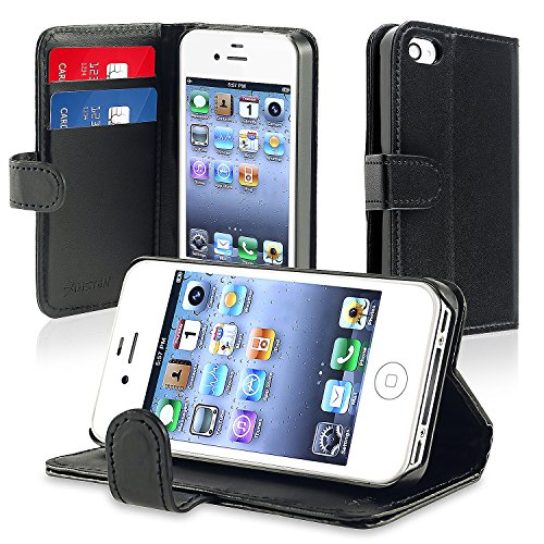 Insten Leather Case with Credit Card Wallet for Apple iPhone 4 - Retail Packaging - Black