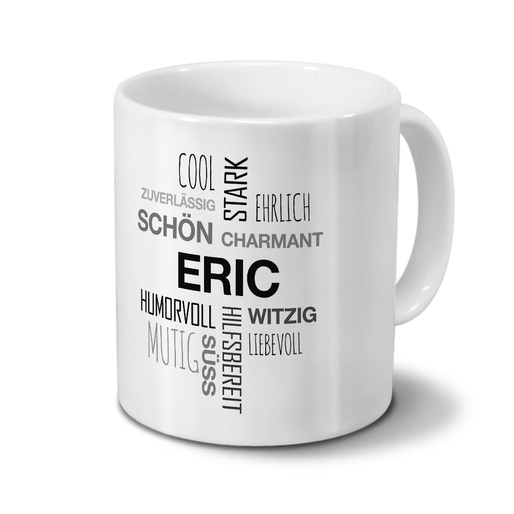 Personalisiert Tasse Mit Namen Erik – Positive Eigenschaften Tagcloud, Blau, 325 Ml, Spülmaschinenfest