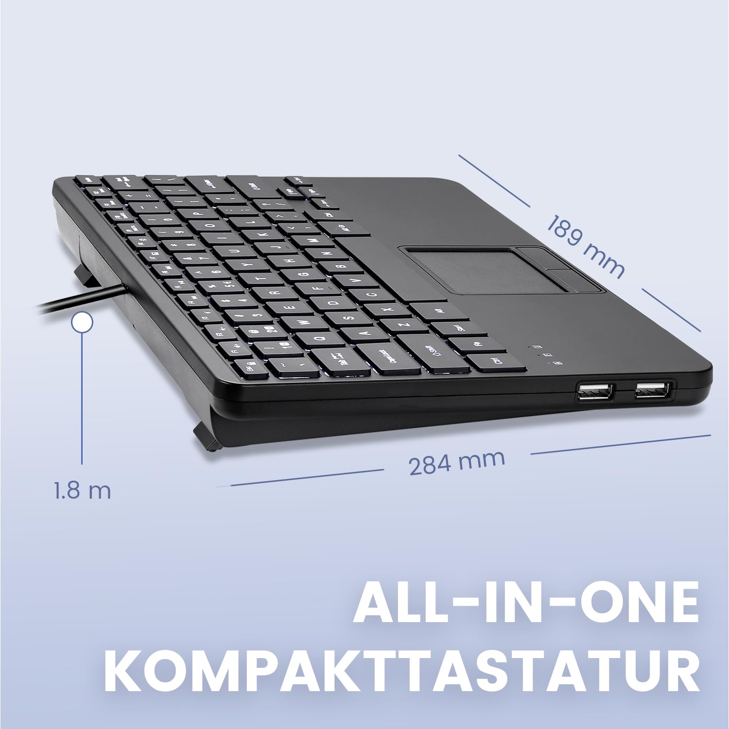Perixx PERIBOARD-425 przewodowa klawiatura mini USB z touchpadem, przyciski nożycowe typu X, białe podświetlenie, 2 koncentratory USB, kompaktowa, układ QWERTY