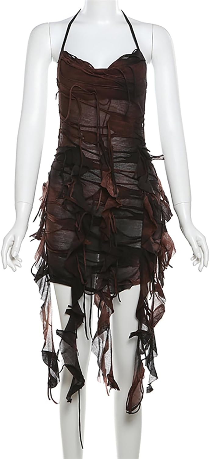 Sleeveless Dress for Women Y2k Wasteland Rogue Medieval Tie Back Dress V Neck A-Line Mini Dresses Streetwear Fashion