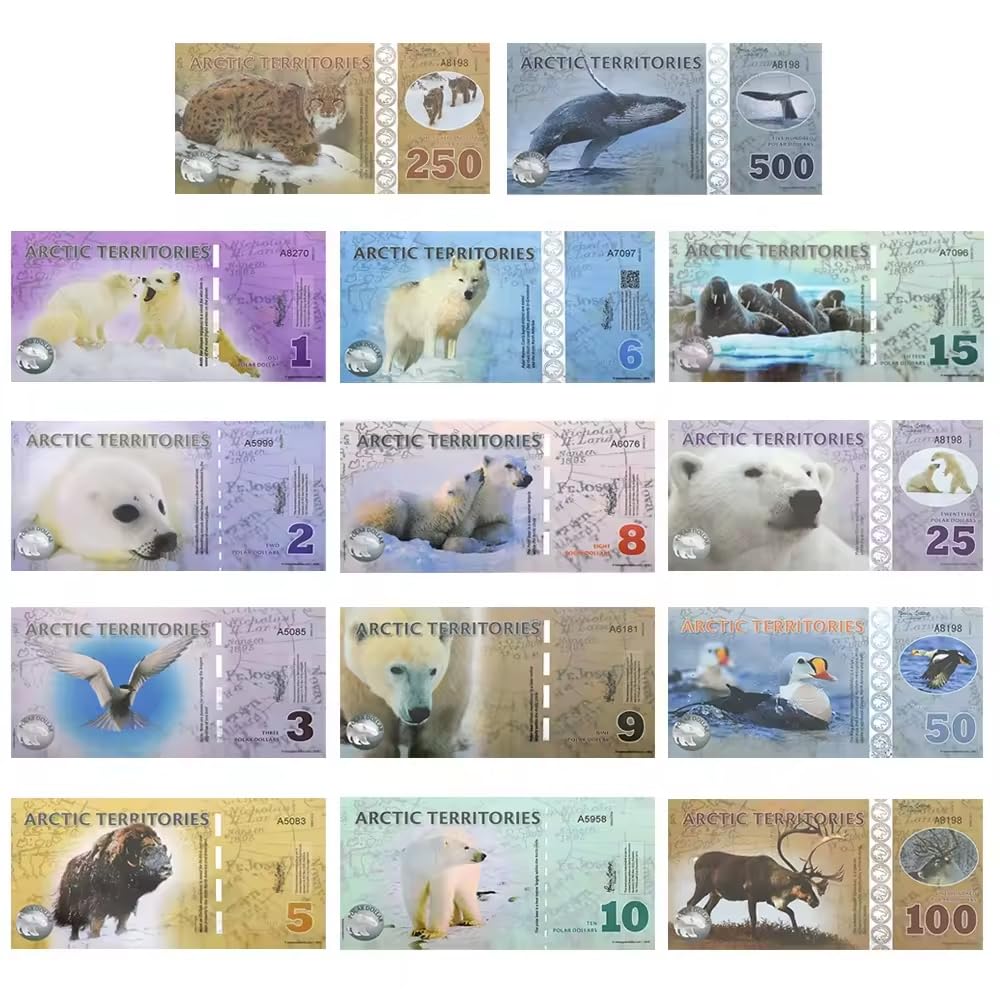 Arctic Territories Polar 1-2-3-5-6-8-9-10-15-25-50-100-250-500 Note 14 Pcs Set, 2010-2017, Fantasy Notes Rare Collection, UNC, Multicolor