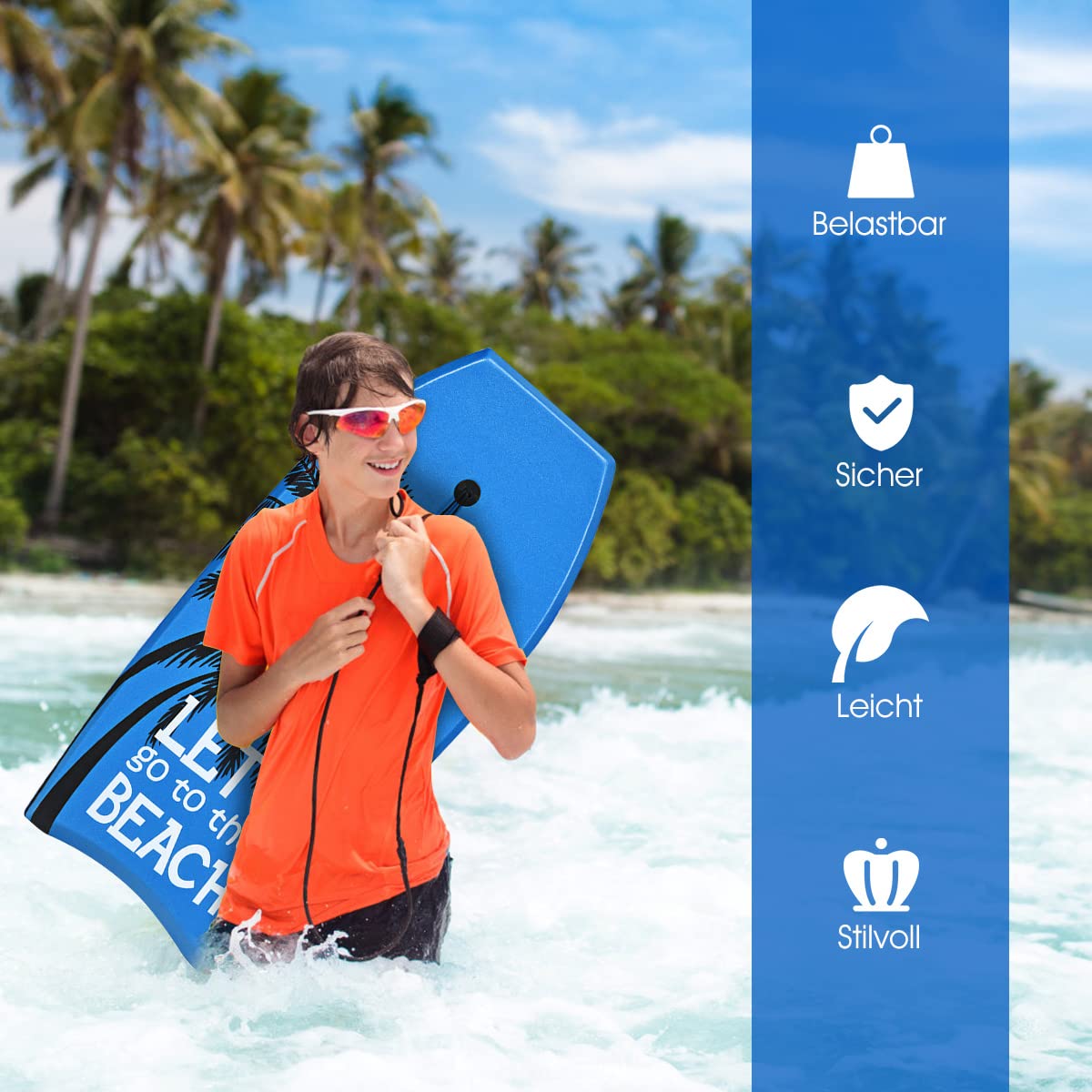 DREAMADE Bodyboard mit 90 cm Sicherheitsleine, bis zu 85kg belastbar, Surfbrett aus XPE & HDPE &EPS, Surfboard für Erwasche & Kinder ab 14, 105x51x6cm