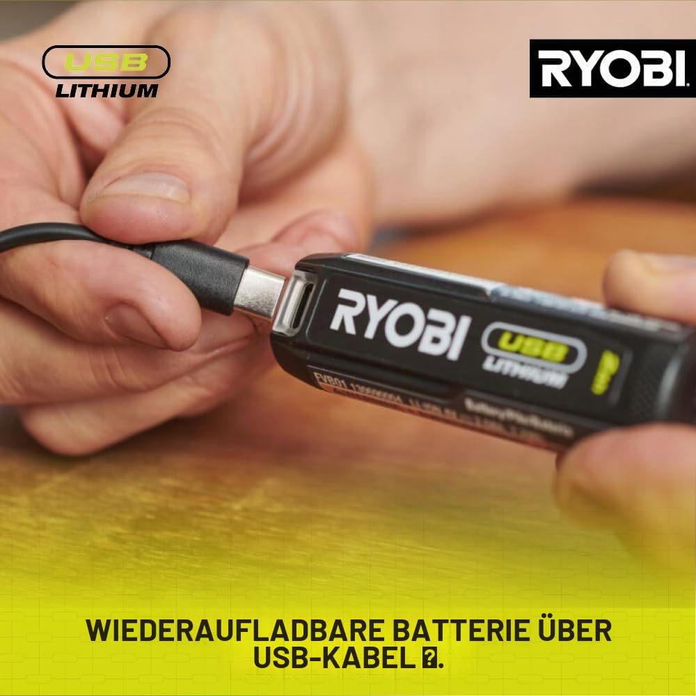 RYOBI 4 V USB-LITHIUM Akku-Lupenleuchte RML4-120G, 240 Lumen, inkl. 1 x 4 V 2,0 Ah Lithium Akku und Ladegerät