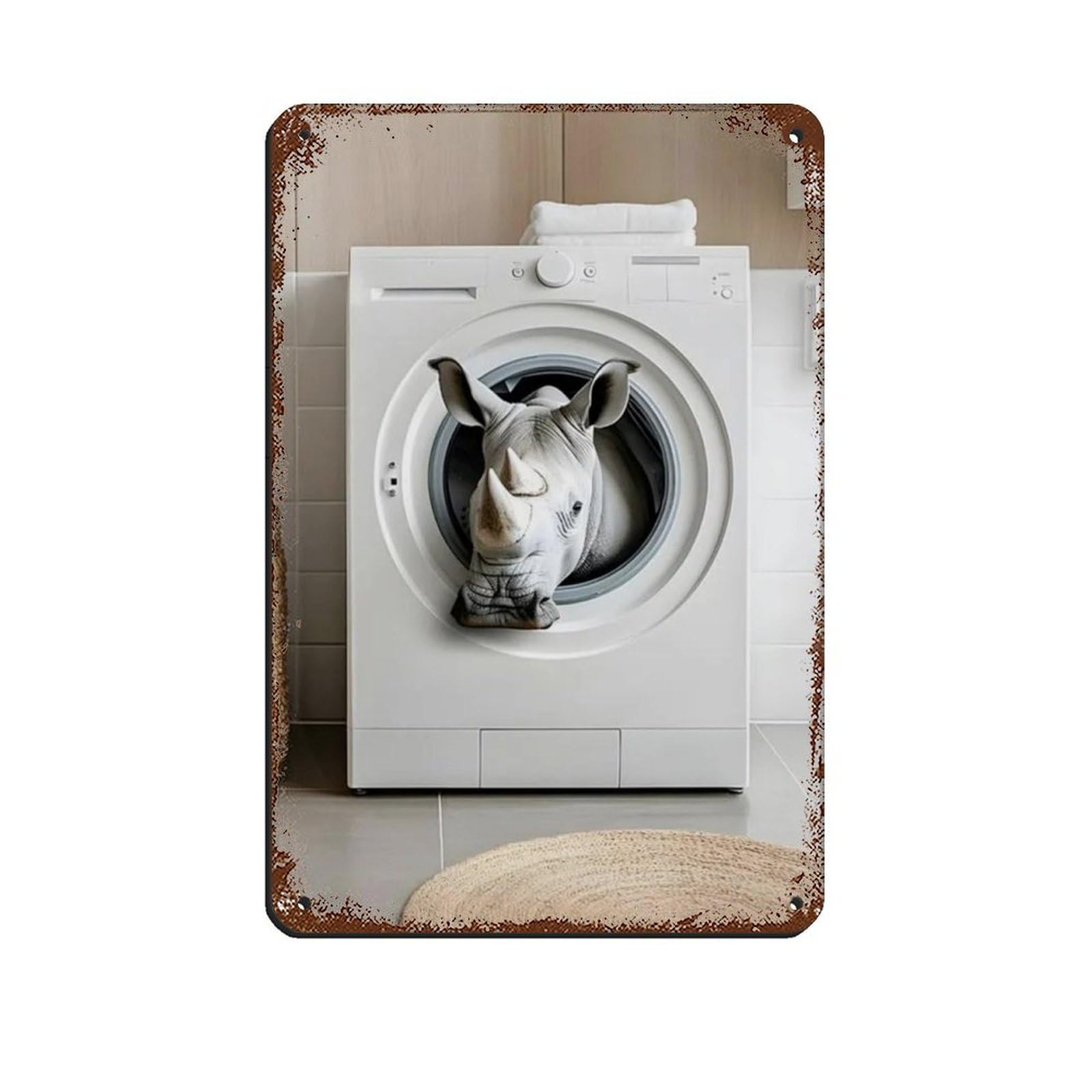 Rhino in A Washing Machine, Funny Bathroom Art Retro Poster Metal Tin Sign Chic Art Retro Iron Painting Bar People Cave Cafe Family Garage Poster Wall Decoration 8x12inch(20x30cm)