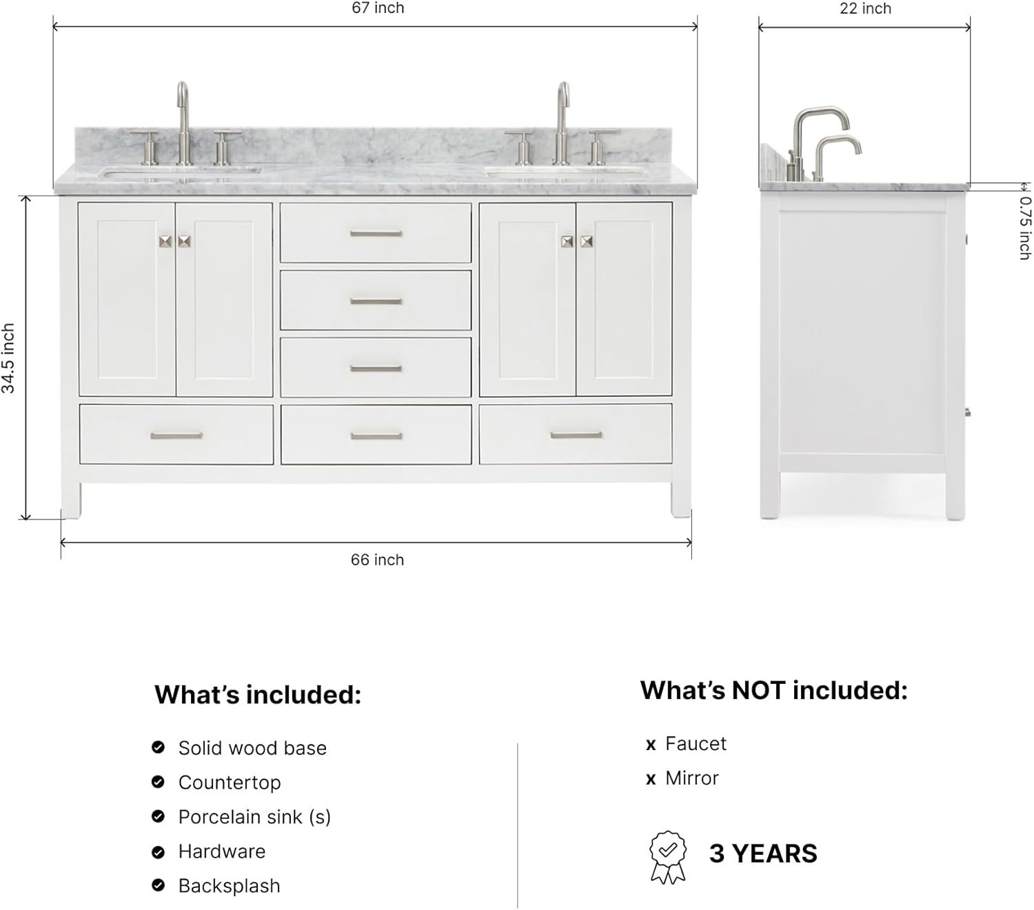 DKB Beckford 67-Inch White Double Bathroom Vanity, Italian Carrara Marble Countertop & Backsplash, 2 Rectangular Undermount Sinks, 4 Soft Closing Doors, 6 Dovetail Drawers, Brushed Nickel Hardware