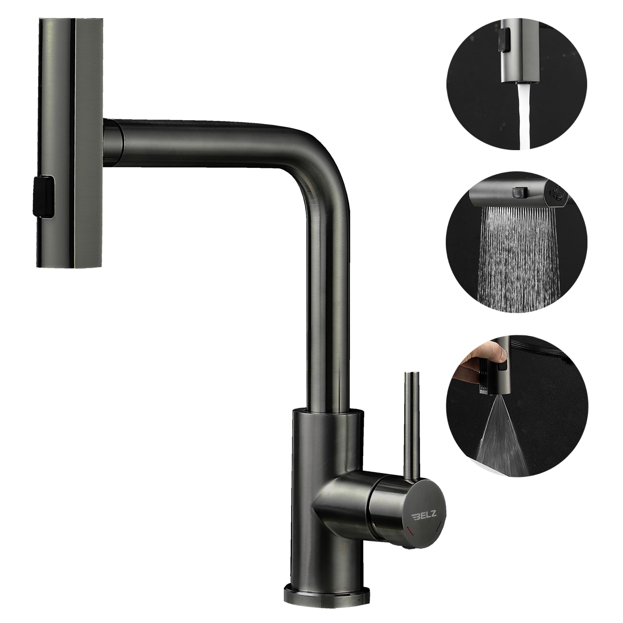 BELZ Miscelatore da cucina estraibile, girevole a 360°, rubinetto a cascata antispruzzo, in acciaio inox, caldo e freddo, cromato (Gunmetal)