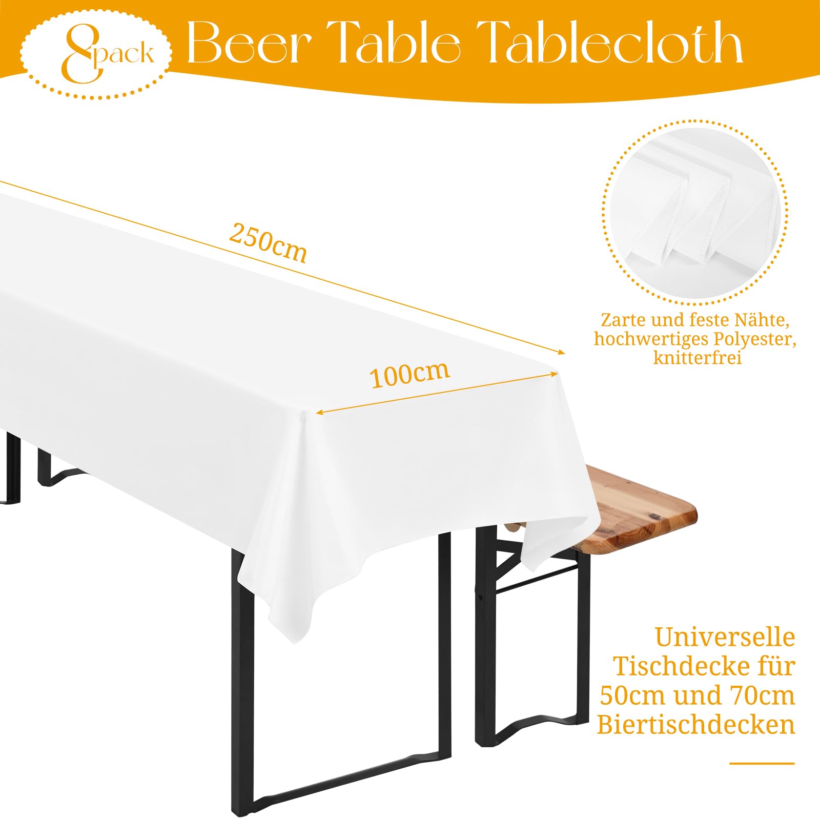 Juego de 8 manteles de 100 x 250 cm, impermeables, de poliéster, para mesas de cerveza de 50 y 70 cm, rectangulares para bodas (blanco)