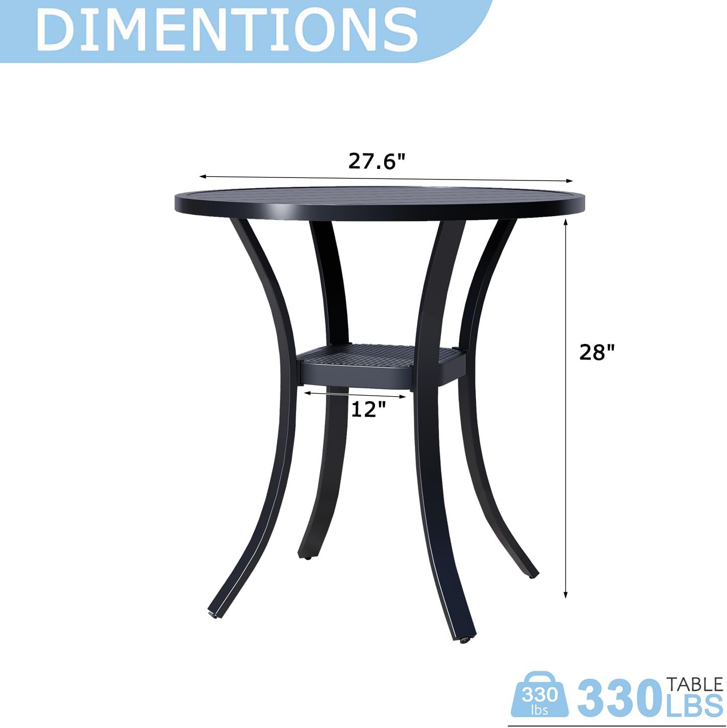 27.6" Round Outdoor Dining Table for 2, Metal Patio Dining Table with Umbrella Hole for Garden, Backyard and Deck, Black