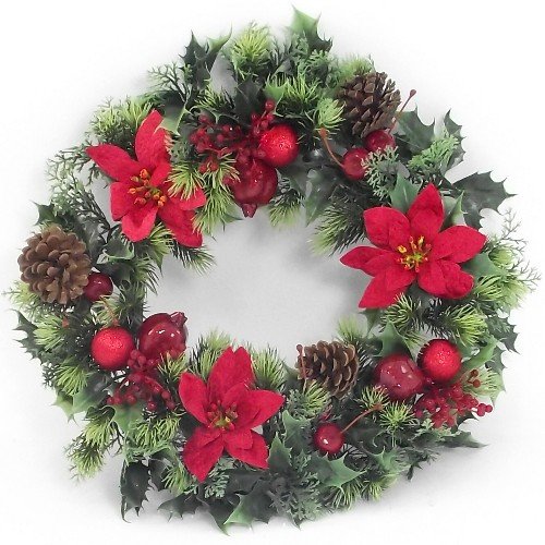 Poinsettia Christmas Wreath, 10" & 16" | Artificial Wreath for Front Door, Wall, or Holiday Decor (Red Baubles, 16" (41cm)) — image 1