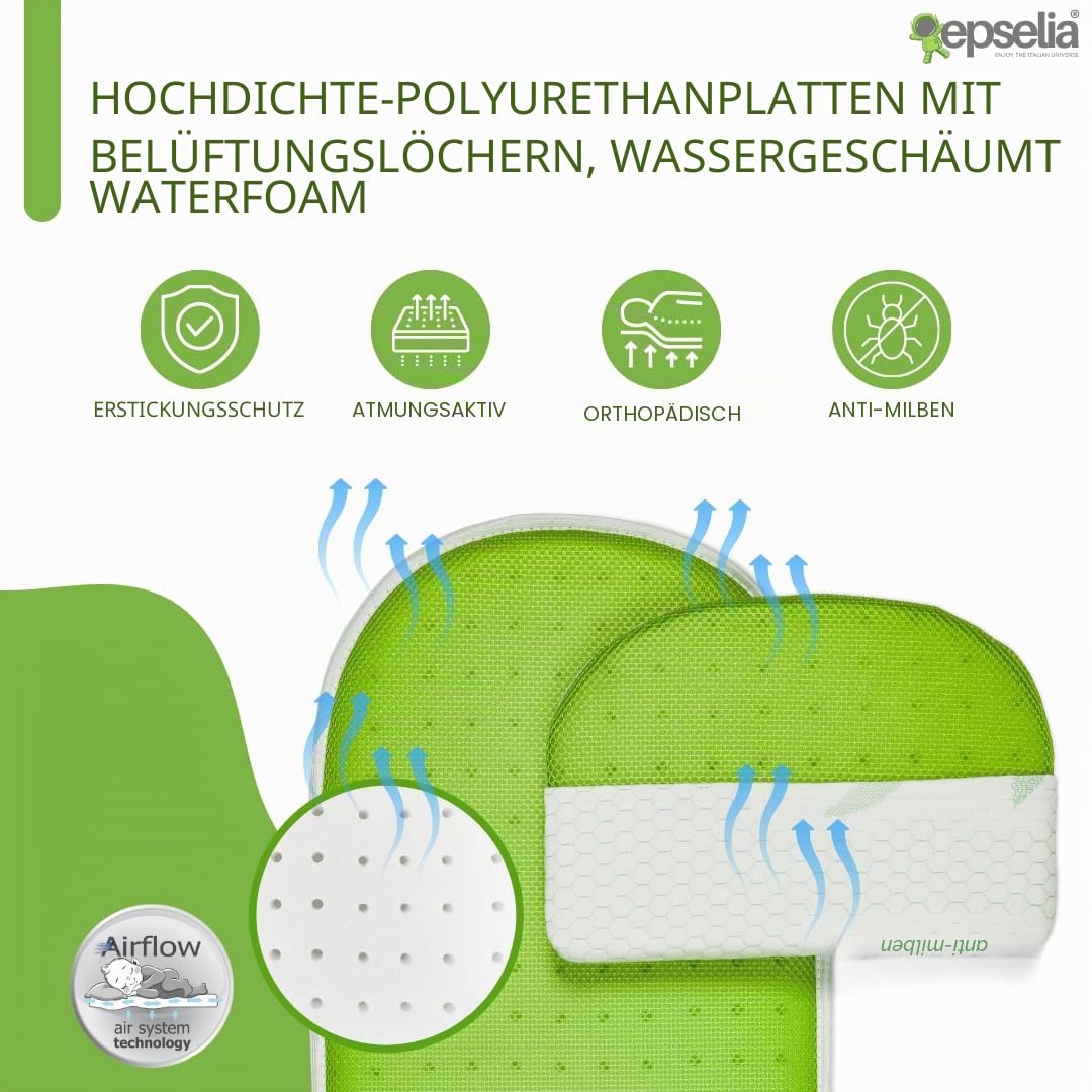 EPSELIA Bio-Bambu-Matratze für Kinderwagen, mit Kopfkissen, Zertifizierung gegen Erstickungsgefahr EN16890:2017, Struktur mit Belüftungslöchern, milbendicht, Oeko-Tex® Certipur™