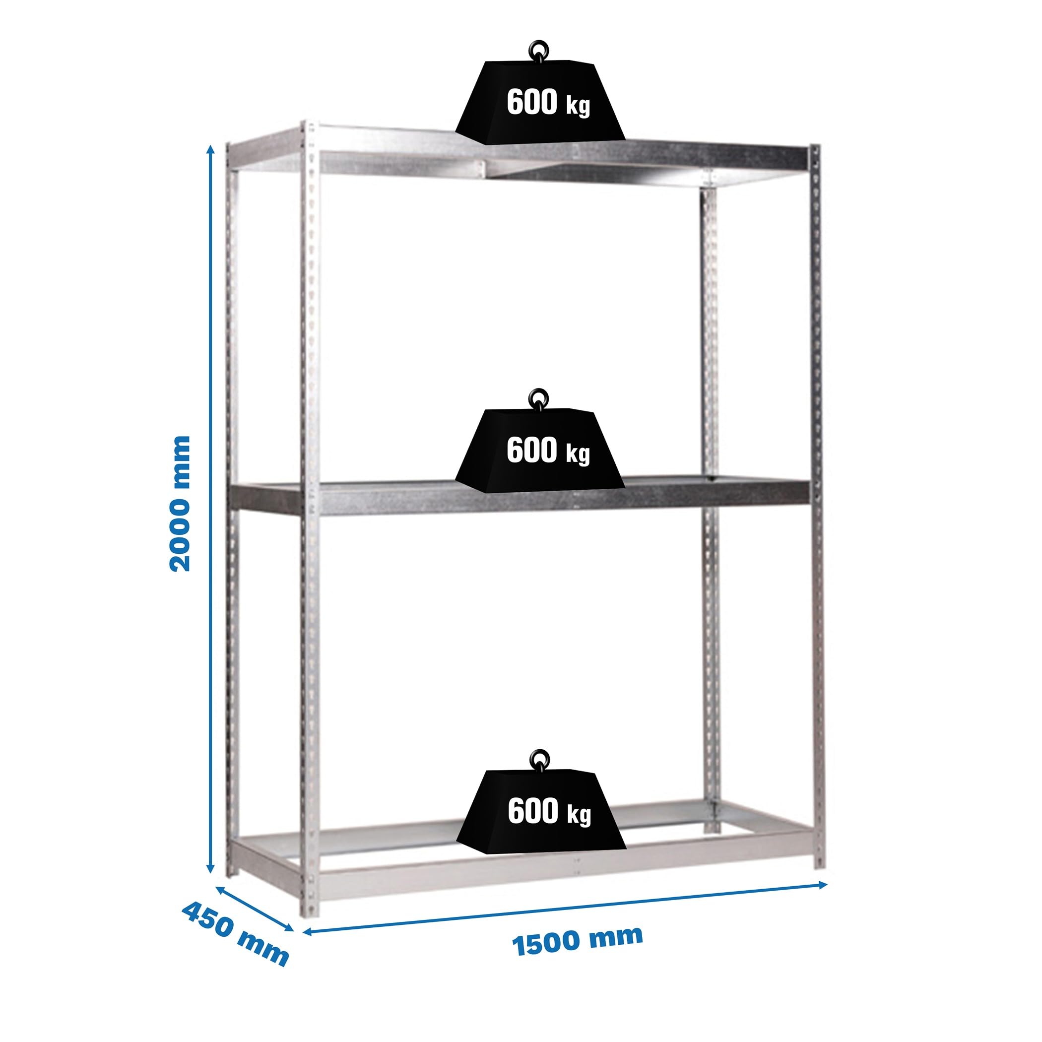 Estantería Industrial, 2000x1500x450 mm, 600 kg de Punto Flexión, 3 Niveles, Sin Baldas, Estantería Garaje, Galvanizado - Simonforte