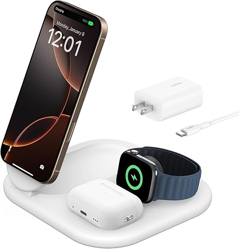 Belkin Cargador de iPhone 3 en 1 compatible con MagSafe, plegable magnético Qi2, estación de carga MagSafe para teléfono, Apple Watch, AirPods,