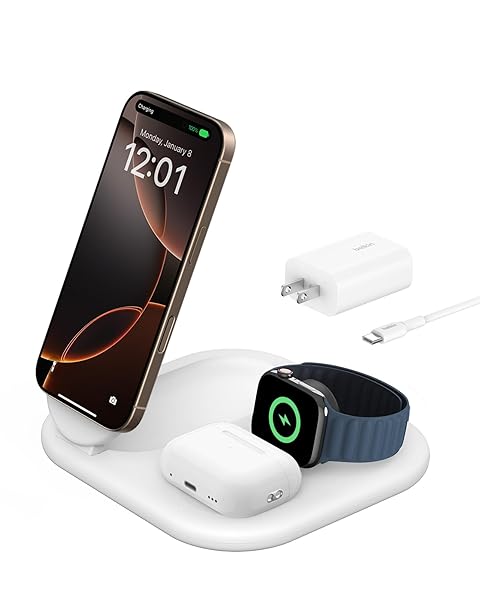 Belkin 3-in-1 MagSafe-Compatible iPhone Charger - Foldable Magnetic Qi2 Certified, MagSafe Charging Station for Phone, Apple Watch, AirPods - Wireless for Multiple Devices