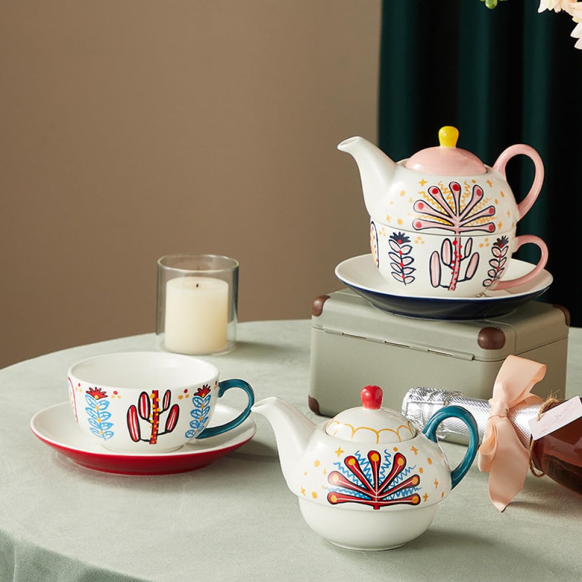 Juego de Tetera de Cerámica Rosa Reutilizable Taza y Bandeja