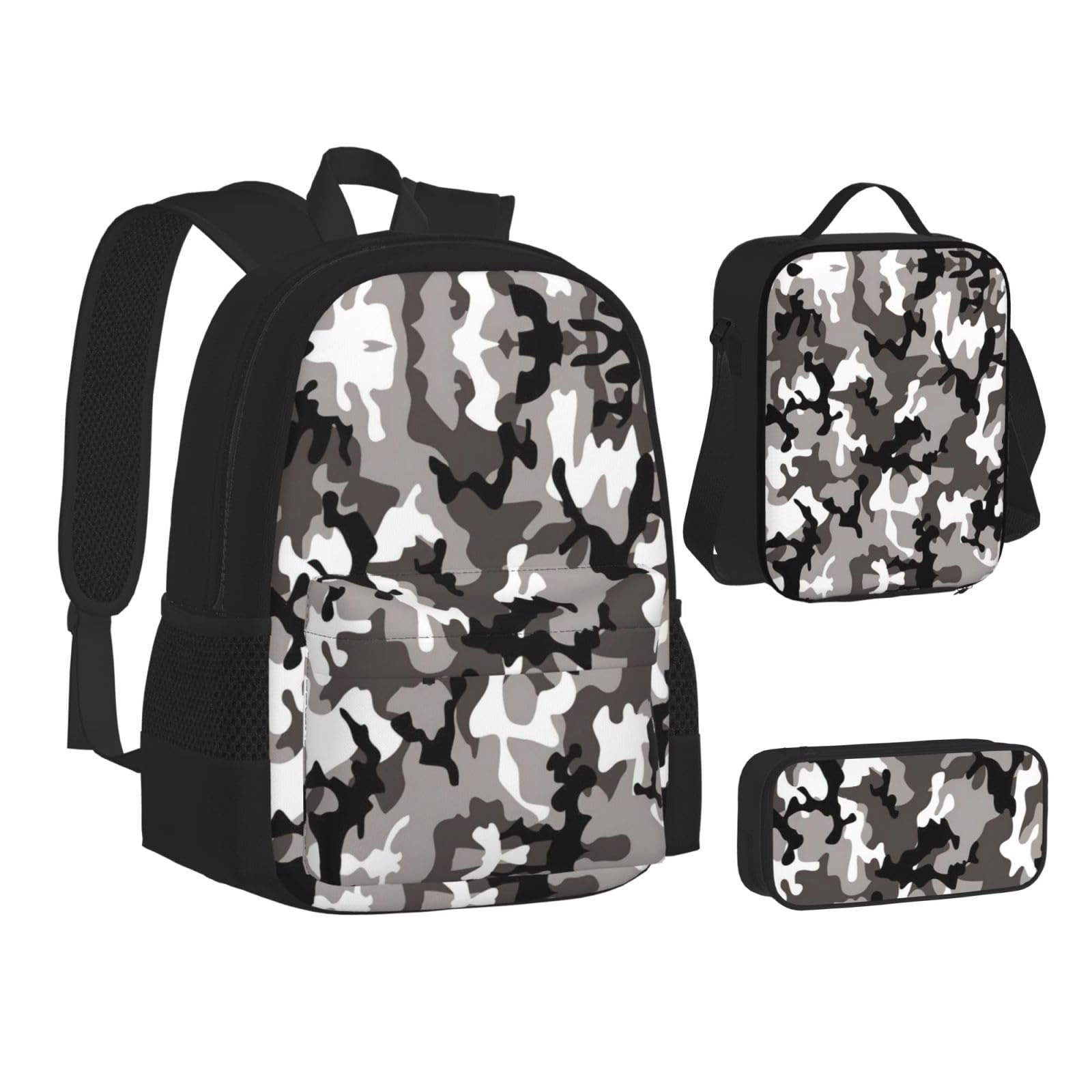 Zestaw plecaków szkolnych z nadrukiem Ack Grey White Camo, o dużej pojemności, wodoodporny plecak na laptopa z izolowaną torbą na lunch i piórnikiem dla nastolatków gimnazjalnych i przyborów