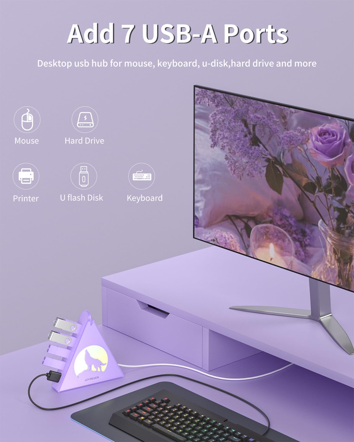 Hub USB 3.0 a 7 porte, splitter USB verticale con illuminazione RGB, trasferimento dati ad alta velocità da 5 Gbps, cavo di prolunga da 0,8 m, hub USB Tower per PC, laptop, MacBook, PS5, Xbox, unità