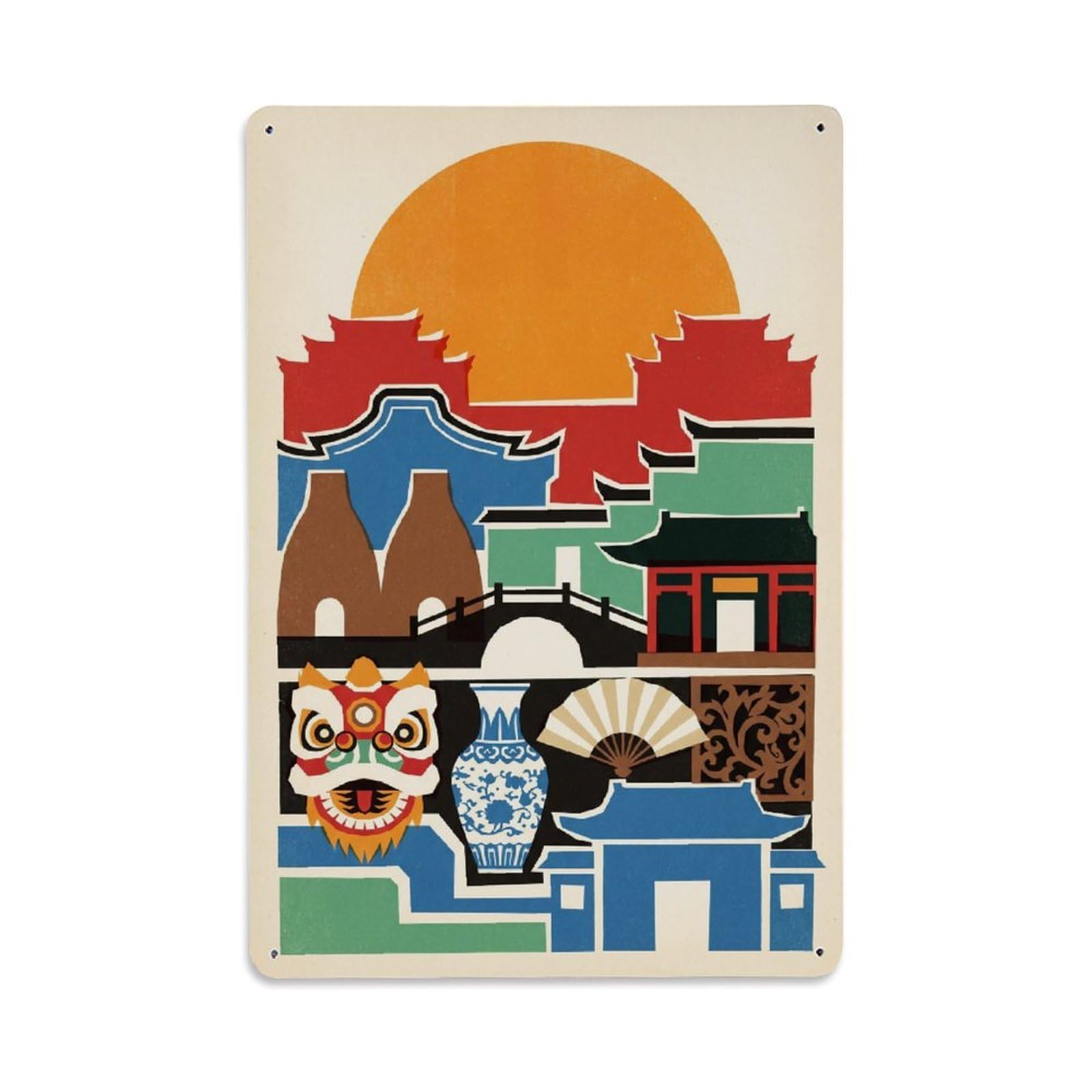 Okngb Style China Foshan Retro Travel Warm Silhouette Cityscape Metal Tin Sign Plaque Wall Decor For Cafe, Man Cave, Club Bar, Office, Home Garden Round Metal Poster 8X12inch