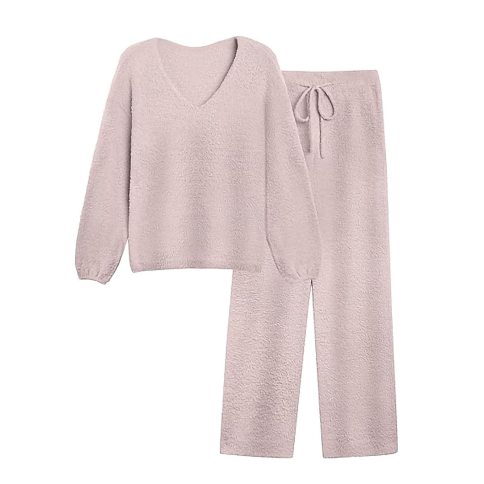 Pigiama da donna, 2 pezzi, a maniche lunghe, con scollo a V, biancheria da notte e con coulisse, comodi pigiami invernali, tinta unita, per il tempo libero