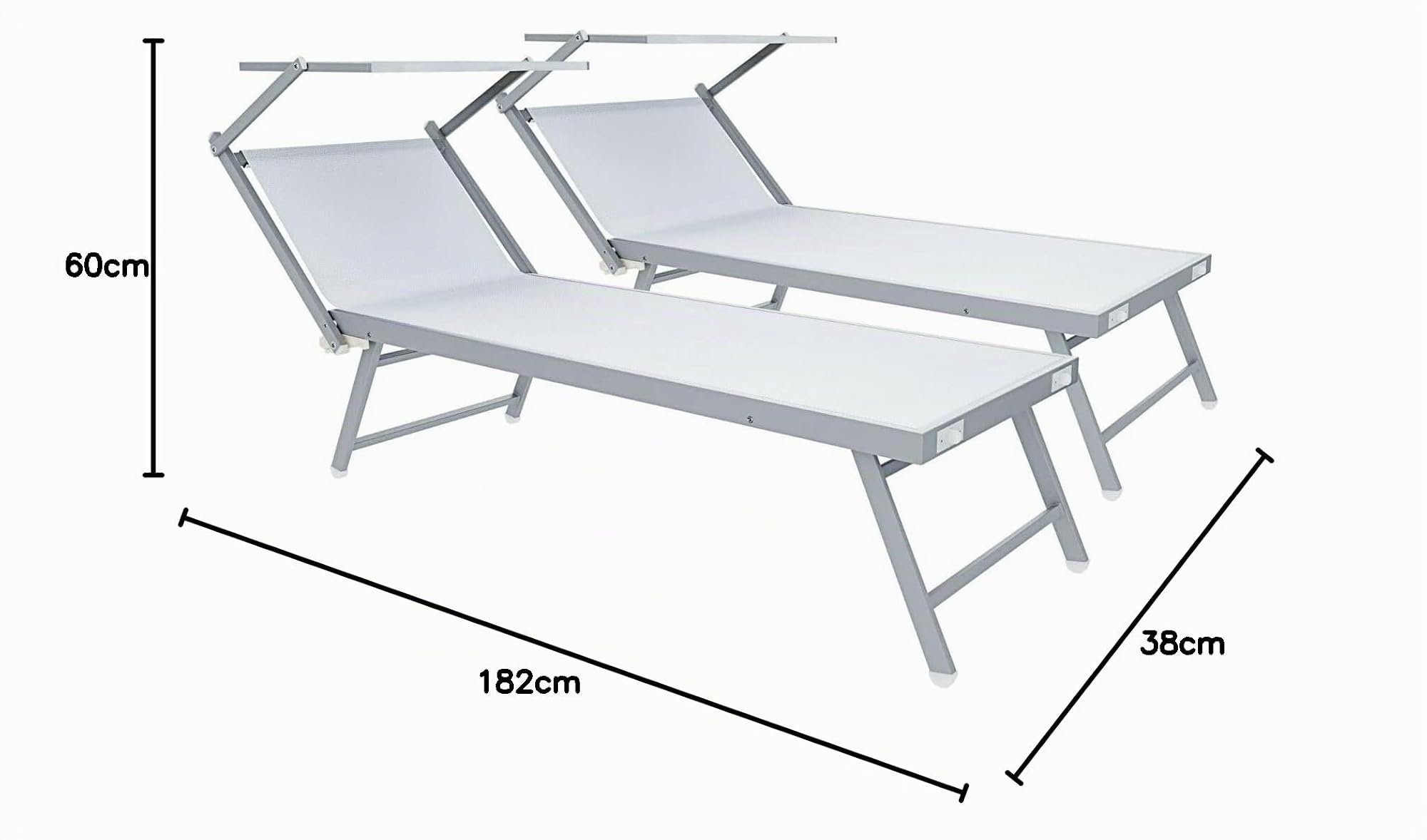 Coppia Di Lettini Prendisole 720 gr/m² Professionale Pieghevole In Alluminio Tettuccio Orientabile Parasole Lettino Prendi Sole Sdraio Mare Piscina Spiaggia Giardino 182 x 60 x 38 cm (Bianco)