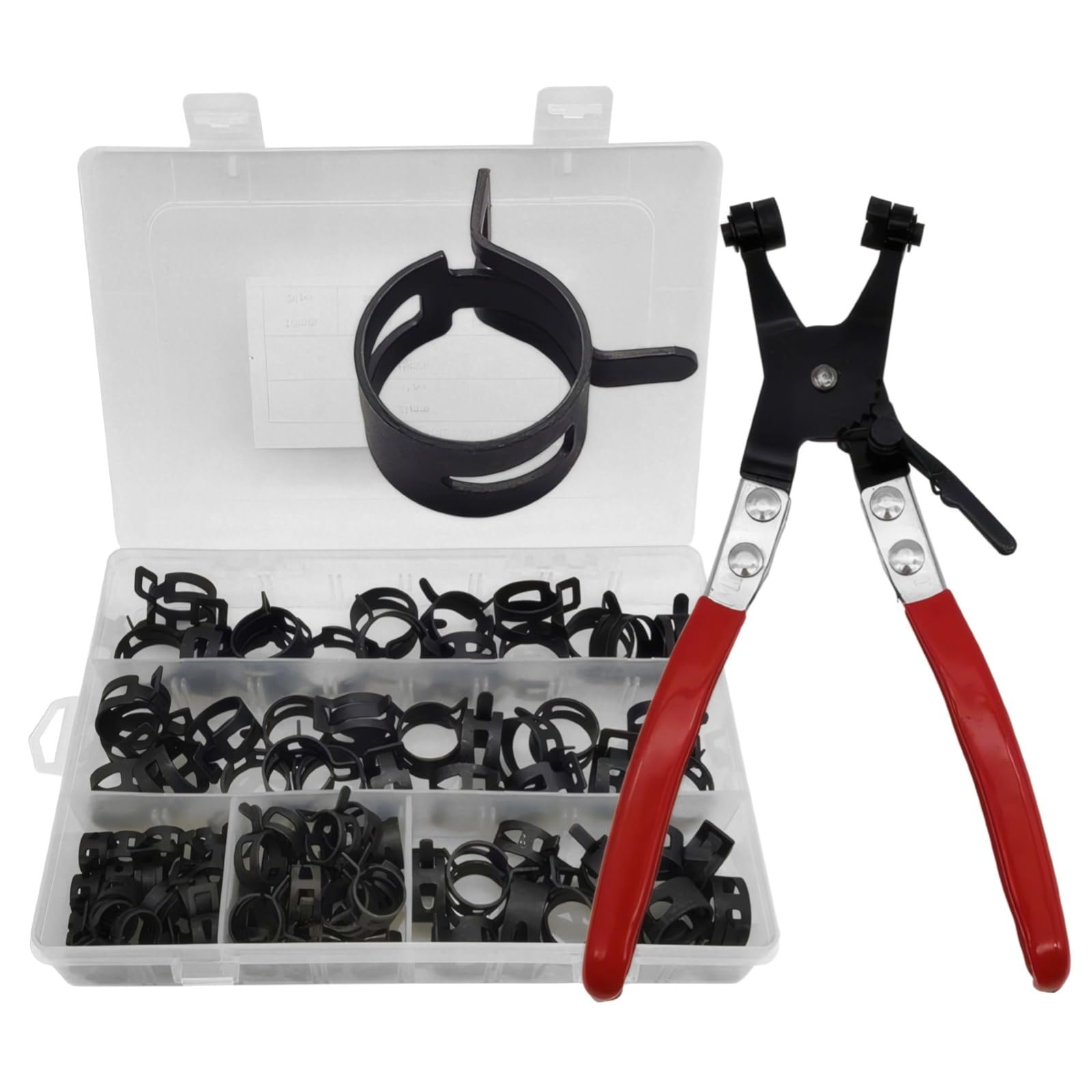 Set di fascette stringitubo a molla nera, 90 pezzi, morsetti flessibili da 10-21 mm, pinze, struttura in acciaio con custodia