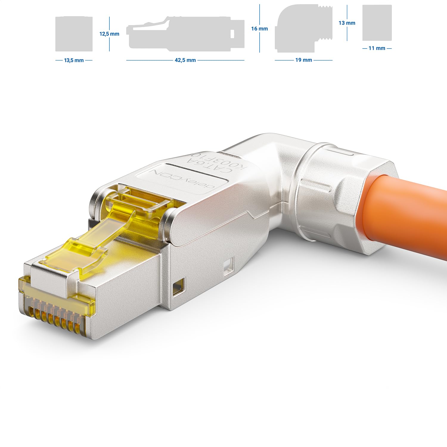 deleyCON 12x Connettore RJ45 CAT 6a Angolato 90° Senza Utensili, Schermato, 10 Gbit/s - per Cavi di Posa Rigidi (Roh), Ethernet LAN/DSL/Patch | Senza attrezzi, schermato, per cavi di posa rigidi, cavo grezzo, connettore RJ45, Ethernet, LAN, DSL, cavo patc