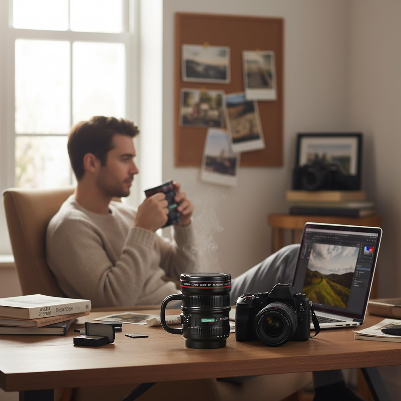 WENSSY Camera Lens Mug Large 16OZ, Ceramic Camera Lens Mug with Lid and Handle, Cool Photography Gifts for Photographers Christmas