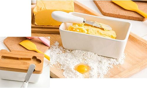 Miniatura 7 de Mantequillera hermética de porcelana con cuchillo, manteca rectangular hermética blanca con tapa de madera, recipiente grande de cerámica, 6.8 x 3.5
