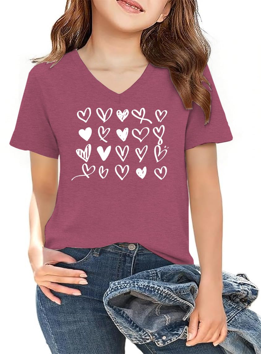 LAZYCHILD Kids Valentine Shirt Girls Valentines Day Shirts Heart Graphic Long Sleeve Striped Tee Tops 5-14 Years