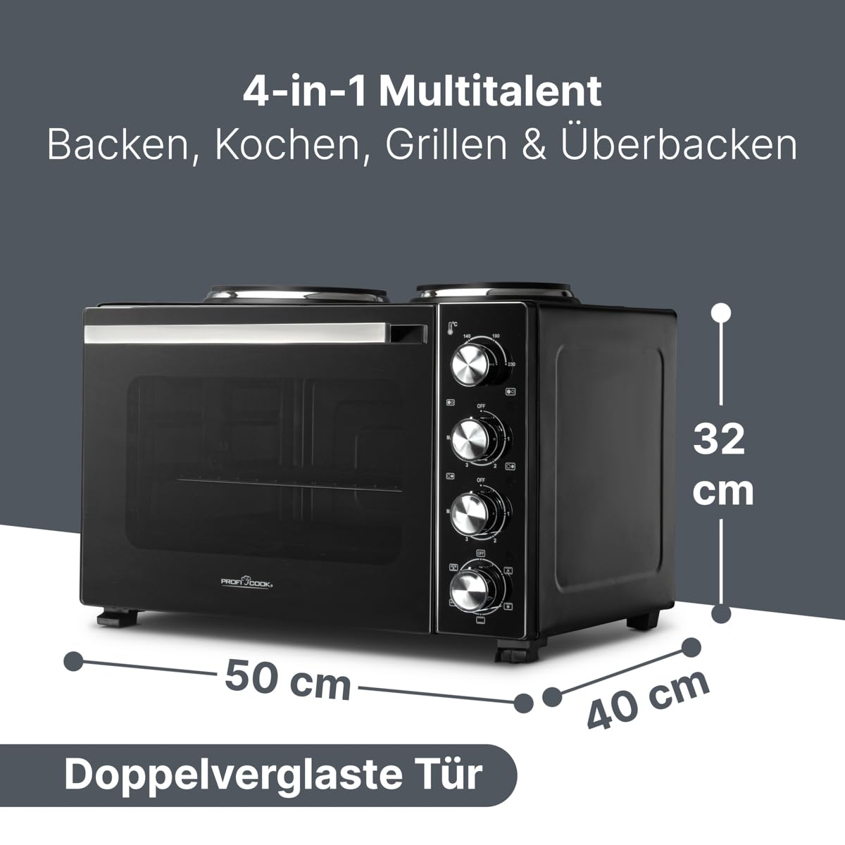 ProfiCook Minibackofen mit Kochplatten und Drehspieß | 32L | Umluft, Oberhitze, Unterhitze, Drehspieß | Kochen und Backen gleichzeitig | Backofen klein | Mini Backofen mit Umluft | PC KK 1302