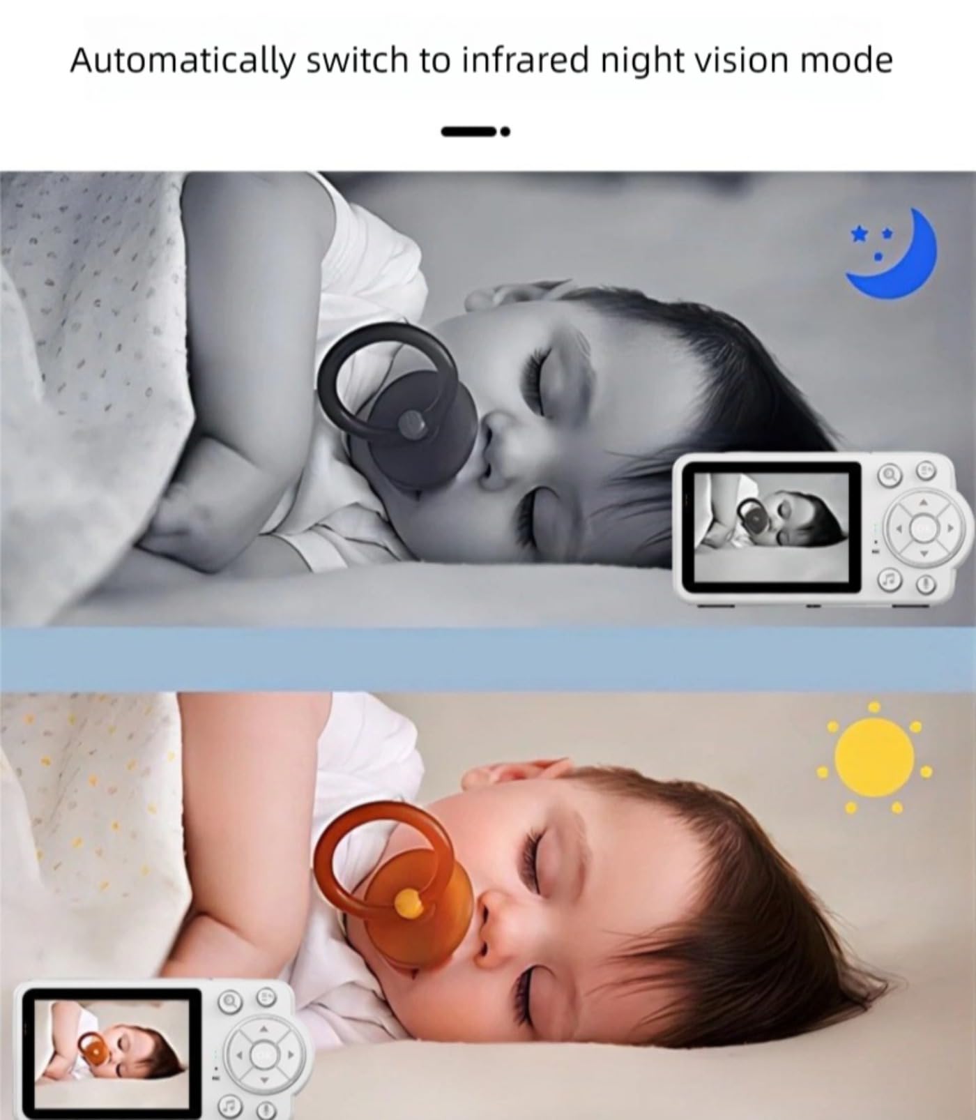 Baby monitor con fotocamera e audio, video HD 480p, zoom 4x, visione notturna e sensore di temperatura, wireless 2.4 G con ninne nanne, conversazione bidirezionale, bianco