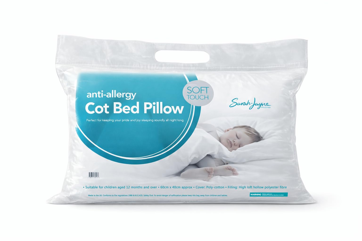 Sarah Jayne Anti-Allergy Cot Bed Pillow 40x60cm – Machine Washable Baby & Toddler Pillow with Anti-Allergenic Polyester Filling, Soft Polycotton Cover, White