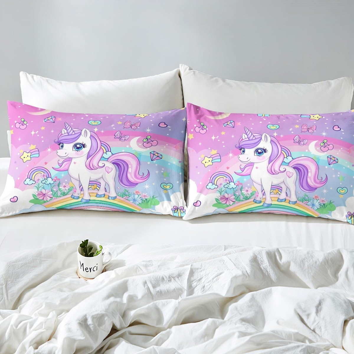 Homemissing Cartoon Unicorn Duvet Cover Set King Size For Kids Girls Teens Rainbow Bedding Set Girls Butterfly Floral Comforter Cover Set Princess Style Quilt Cover with 2 Pillowcase - Image 4
