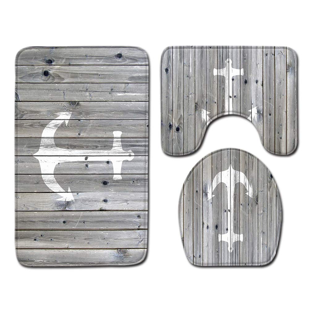 Shinewe 3 Pieces Bathroom Rug Set Pedestal Mat Non Slip Bath Mat Toilet Lid Cover Toilet Rug Set (Grey Anchor)