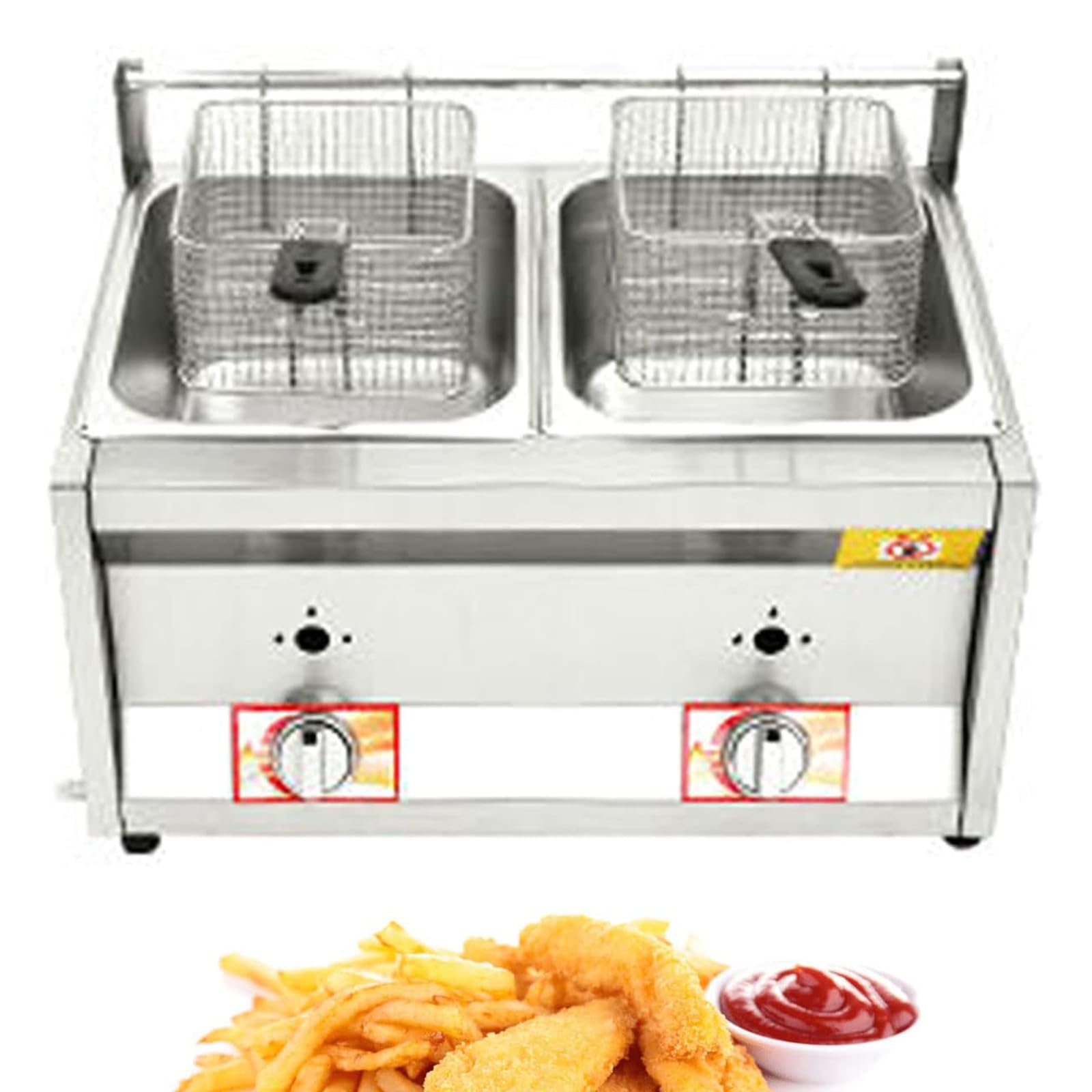 UMJIGF Commercial Countertop Gas Deep Fat Fryer, Dual Tanks Stainless Steel Large Capacity Propane LPG Deep Fryer, with 10Lx2 Basket and Lid,
