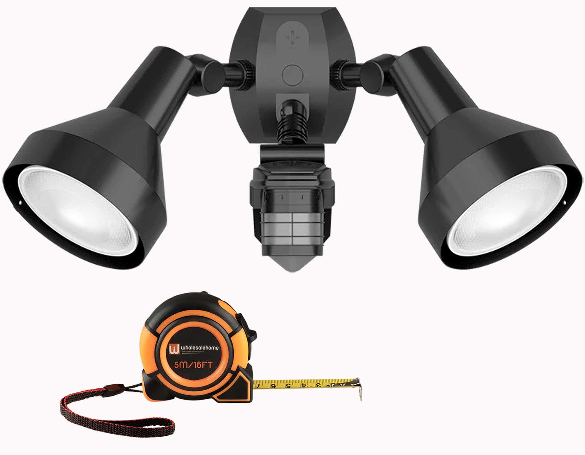 RAB Lighting Motion Sensor Outdoor Lights Wired, STL360H/L LED Flood Lights Outdoor Security Lights 360 Sensor with PAR38 Bulbs, Black, 3,600 Lumen with Wholesalehome Tape Measure
