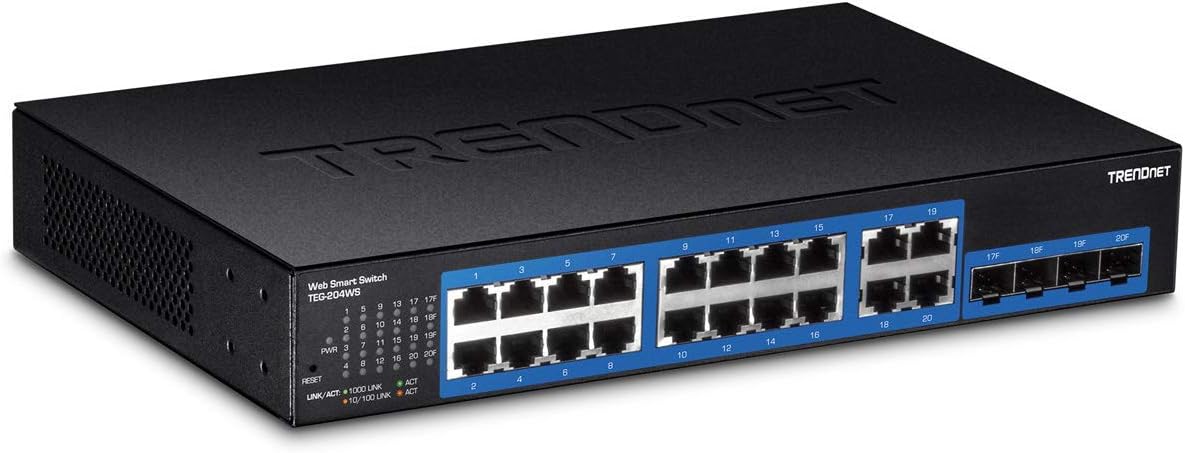 TRENDnet 20-Port Gigabit Web Smart Switch, 16 x Gigabit Ports, 4 x shared Gigabit Ports (RJ-45/SFP), VLAN, QoS, LACP, IPv6 Support, 40 Gbps Switching Capacity,TEG-204WS,Black (Renewed)