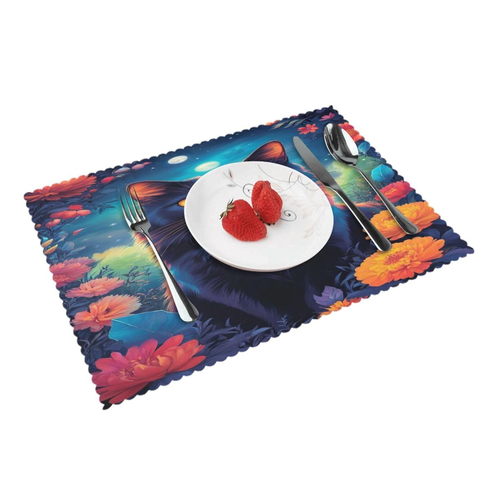 Mystic Night Cat Placemats Set of 4 Print Table Mats Place Mats Table Decor for Kitchen Dining 12X18 in