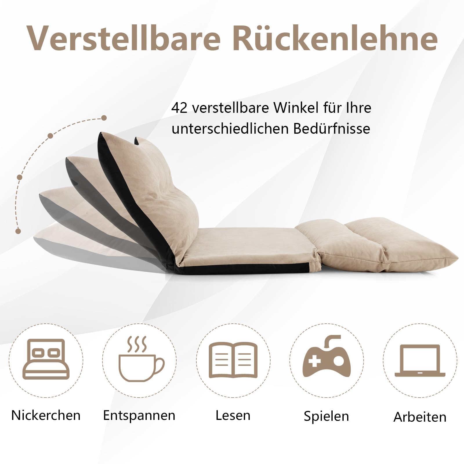 RELAX4LIFE Bodensofa Klappbar, Schlafsofa 3 in 1, Schlafsessel mit 42-Stufig Verstellbarer Rückenlehne, Klappsofa mit Bettfunktion, Sofabett inkl. 2 Kissen, für Wohnzimmer & Schlafzimmer (Beige)