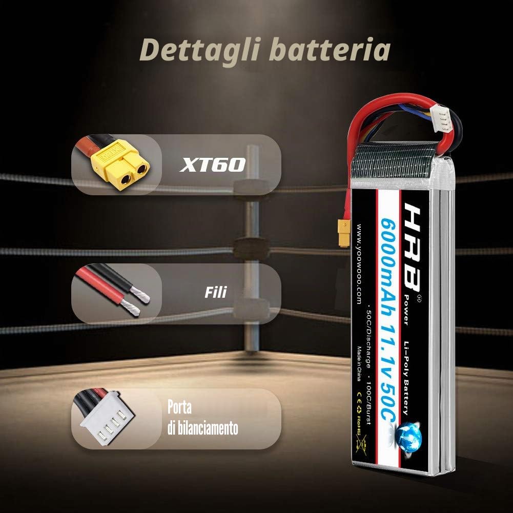 HRB Batteria LiPo 6000mAh 11.1V 50C 3S per Elicottero Aereo FPV quadcopter Drone Nero Ricambi RC Auto (XT60 Plug)