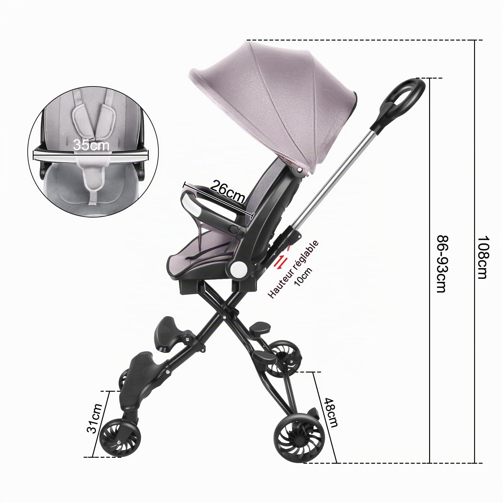 Poussette Canne Compacte, Position Allongée, Poussette Compacte, Inclinable d’une main, Grand panier de rangement (Gris - A)