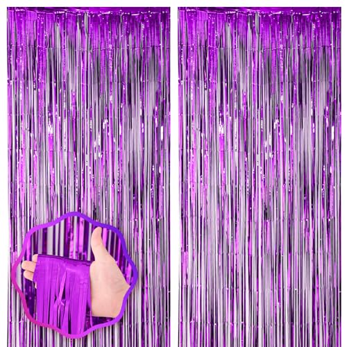 Image of Voircoloria 2 Pack Purple Foil Fringe Backdrop Curtains, Tinsel Streamers Birthday Party Decorations, Fringe Backdrop for Graduation, Baby Shower, Gender Reveal, Disco Party